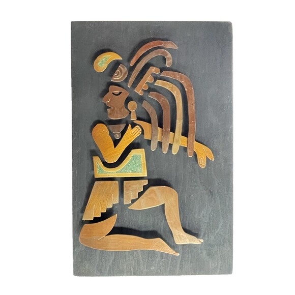 unbranded Other - Aztec Mayan Warrior Copper Brass Turquoise Mixed Metal Wall Plaque 9"